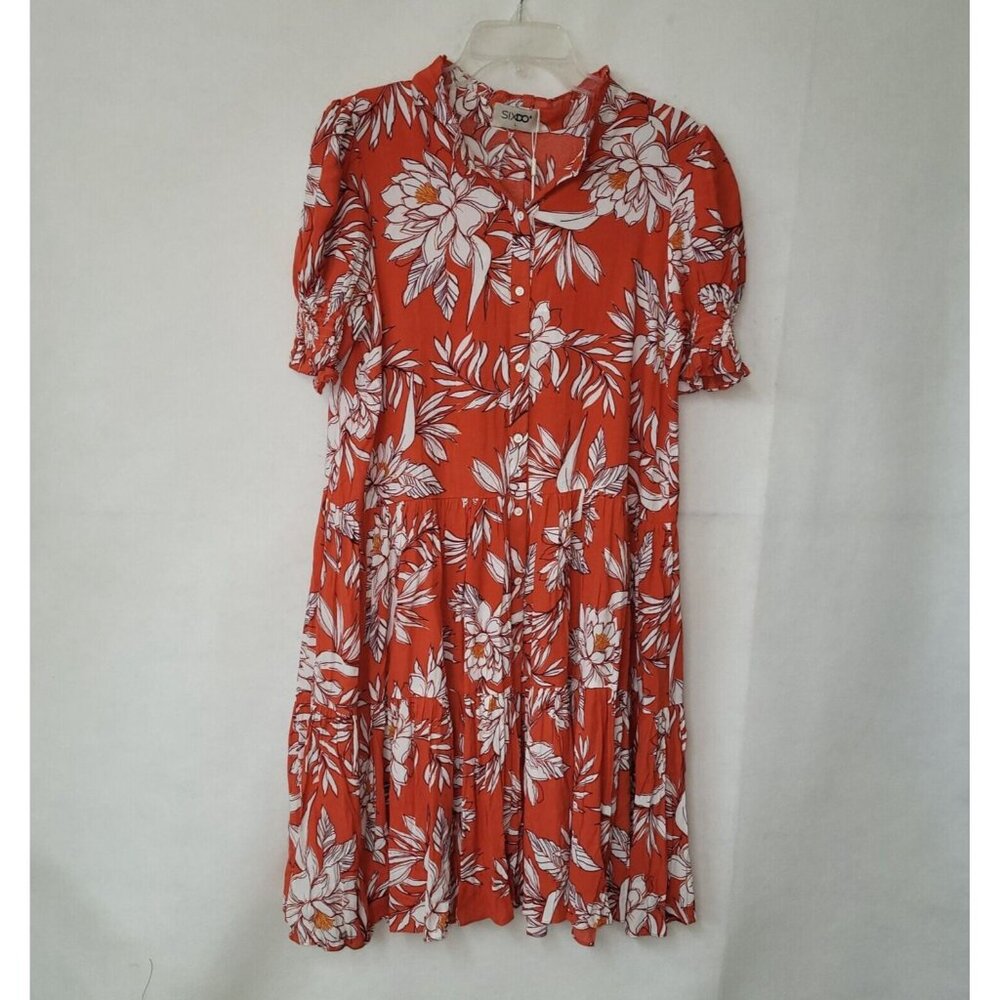 SixDo Dress‎ Womens L Red Orange Floral Mini Woven Dress Tiered Do Manh Cuong